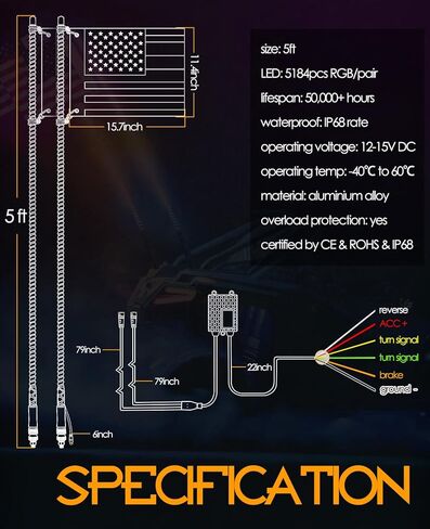 Nirider 4ft LED سوط ضوء التطبيق والتحكم عن بعد COB دوامة العلم القطب RGB مطاردة ضوء هوائي LED مضاء سوط لSXS، UTV، ATV، RZR، Can Am، Dune Buggy، شاحنة in Kuwait