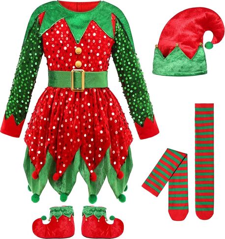 Elf Costume for Girls Kids Christmas Elf Santa's Dress Outfit in Saudi Arabia