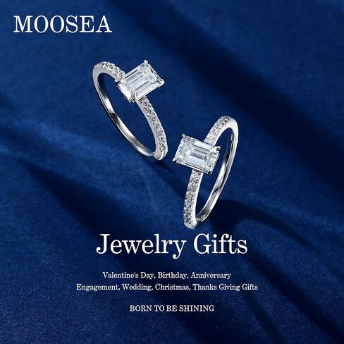 MOOSEA 1ct Emerald Cut Moissanite Engagement Rings for Women, D Color VVS1 Clarity Lab Created Diamond Rings 14K White Gold Vermeil 4 Prong Moissanite Rings for Women Wedding Rings with Sidestone in Saudi Arabia