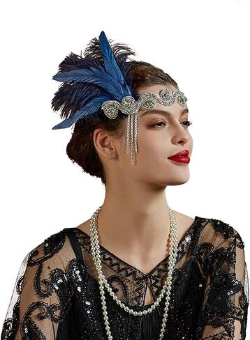 1920s Flapper Feather Headband Vintage Pearls Feather Lace Headpiece for Roaring 20s Gatsby Party Masquerade in Saudi Arabia