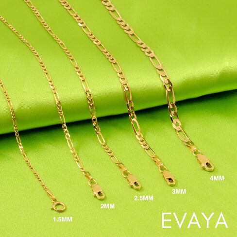 EVAYA Real Solid 14k Gold or Silver Figaro Chain (1.5mm-3mm Width, 16"-24" Length) - For Men & Women - Durable, Resistant to Tarnishing & Lasts a Lifetime in Kuwait