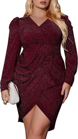 IN'VOLAND Plus Size Women's Sequin Sparkly Glitter Party Club Dress V Neck Ruched Cocktail Bodycon Dress in Saudi Arabia