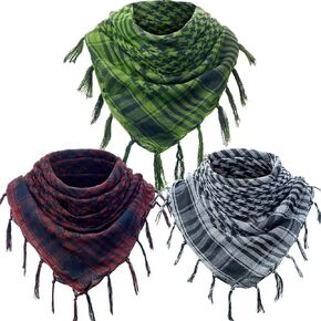 SATINIOR 3 Pcs Shemagh Keffiyeh Head Neck Scarf Turban Unisex Arab Plaid Fringe Scarves with Tassel for Outdoor Camping Accessory(Green, Grey, Black Coffee Color)