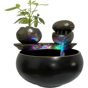 Ceramic Tabletop Fountain Waterfall Fountain, Indoor Water Fountains with Color LED Lights and ON/Off Switch, Waterfall Decor for Home Office Bedroom