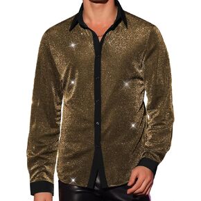 Lars Amadeus Glitter Shirts for Men's Long Sleeves Party Button Shiny Sparkle Shirt