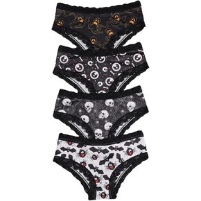 WDIRARA Women's 4 Pack Gothic Contrast Lace Hipster Panties Set Low Rise Halloween Skull Underwear