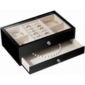 Jewelry Box with Glass Lid, Acrylic Jewelry Organizer for Women Girls, 3 Layers Jewelry Chest Storage Case for Earring, Ring, Necklace, Bracelets - White