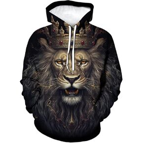 TiwBski Lion Pattern Hoodie for Men Novelty Animal Print Sweatshirt Hooded Pullover