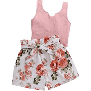 SHENHE Girl's 2 Piece Outfits Casual Knitted Vest Top And Floral Shorts Set