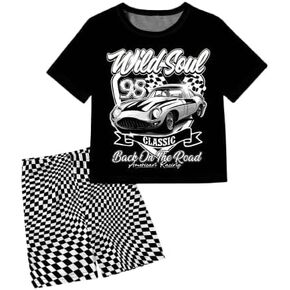 WDIRARA Girl's 2 Piece Outfit Letter Car Graphic Tee Top with Plaid Checkered Biker Shorts Set