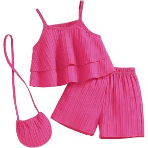 Girl's 3 Piece Outfit Set Casual Solid Cami Tops & Shorts With Crossbody Bags