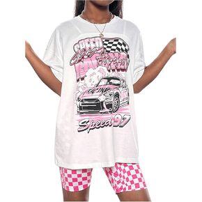 Floerns Girl's Graphic Short Sleeve Tee Shirts Clothing Sets Plaid Biker Shorts 2 Piece