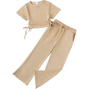 Girls Clothes Sets Cute 2 Piece Outfit Short Sleeve Crop Top Striped Sweatsuit Spring Summer Tween Girls Tracksuits