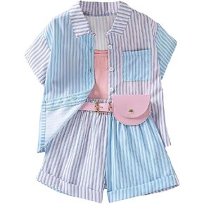 Floerns Toddler Girl's Striped Print Clothing Sets Button Up Shirts Shorts Set with Belt Bag