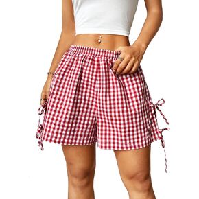 Verdusa Women's Gingham Plaid Print Bow Tie Split Elastic Waist Shorts