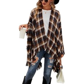 VIMPUNEC Women Boho Buffalo Plaid Poncho Pashmina Shawl Wrap Cape Sweater Knitting Cardigan with Tassel