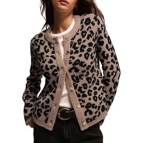 Leopard Print Cardigans for Women Cheetah Open Front Sweaters Button Down Knit Fall Clothes Long Sleeve Outwear Coats
