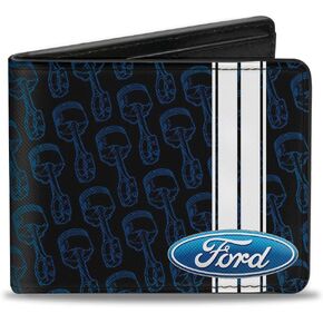 Buckle-Down Men's PU Bifold Wallet-Ford Oval/Stripe/Piston Repeat Black/Blue/White, Multicolor, 4.0" x 3.5"