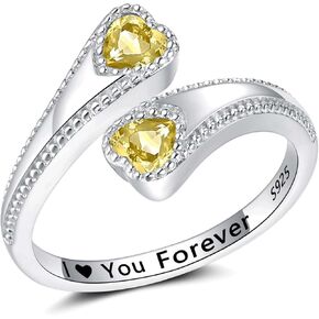 925 Sterling Silver Adjustable Heart Birthstone Rings for Women Open Double Love Heart Stones Rings for Mother Daughter Wife Birthday Gifts