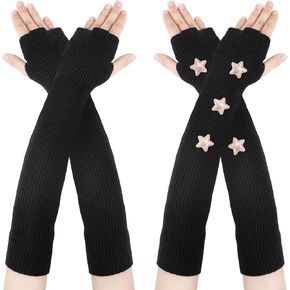 y2k Arm Warmers, Japanese Kawaii Fashion Harajuku Knitting Lolita Accessories, Goth Arm Sleeve Black Hand Warmers Fingerless Skateboard Mittens Thumb Hole Gloves for Women Cosplay(2 pairs)