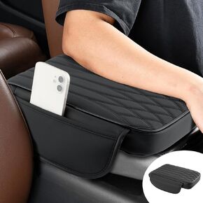 Car Armrest Cover with Storage Pockets, Waterproof Leather Center Console Protector, Leather Memory Foam Car Armrest Booster Pads Suitable for Most Vehicles, SUVs, Trucks, Cars(Black)
