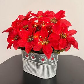 Christmas Poinsettia Table Centerpiece - Rustic Metal Pot with LED Lights, Festive Artificial Floral Arrangement for Holiday Home Décor, 1 Pack