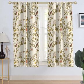 AAtter Vintage Floral Window Curtain Flowers Birds Green White Plant Botanical Butterfly Leaves Cute Mustard Yellow Art Living Room Bedroom Drapes Treatment Fabric 1 Pair, 42" W x 63" L, Cottagecore