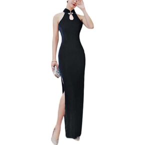 Women's Sleeveless Keyhole Cheongsam Maxi Dress Solid Velour Mandarin Collar Side Split Chinese Qipao