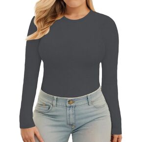 VISLILY Plus-Size-Long-Sleeve-Undershirt for Women Tight Fitted Underscrubs Shirts Lightweight Thermal Basic Tops Tee XL-5XL