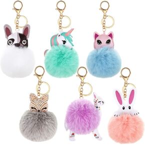 WILLBOND 6 Pieces Animal Pom Pom Keychain Cute Fluffy Ball Key Ring for Women Girls Bag Accessories(Sweet Style)