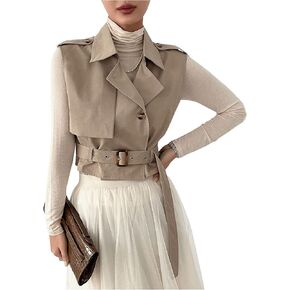 WDIRARA Women's Lapel Collar Sleeveless Belted Cropped Trench Coat Sleeveless Vest Coat