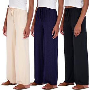 Real Essentials 3 Pack Soft Pallazo Pajama Pants for Women, Wide Leg Comfy Casual Lounge Yoga Capri Pants (Plus Size)