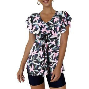 ECUPPER Women Short Sleeve Tankini Swim Dress Ruffled Flowy Skirt Swimsuits Tummy Control Two Piece Bathing Suits with Shorts