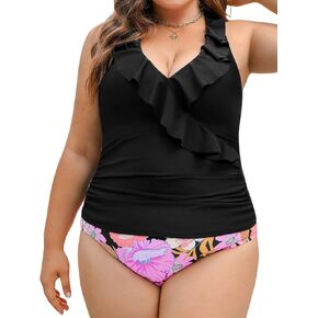 CUPSHE Women's Plus Size Tankini Swimsuit Two Piece Bathing Suits for Women Ruffled Tankini Sets Swimwear Halter V Neck