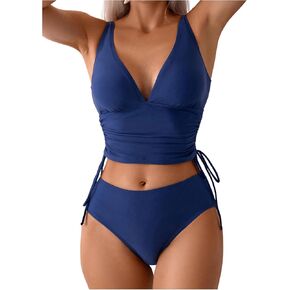 SweatyRocks Women's 2 Piece Bathing Suit Tankinis Deep V Neck Drawstring Side Swimsuit Tankini Set
