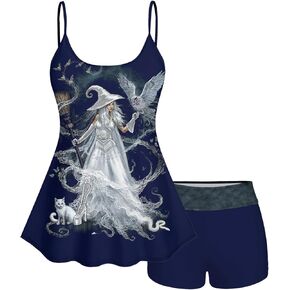 Rosegal Plus Size Women Gothic Tummy Control Modest Tankini Swimsuit Fairy Cat Print Boyleg Padded Tankini Swimwear in Kuwait