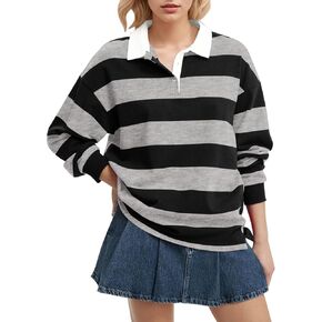 Women Long Sleeve Striped Polo Shirt Oversized Collar Y2k Pullover T Shirt Casual Loose Streetwear Rugby Sweatshirt