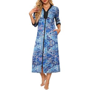 Ekouaer Women's Zipper Robe 3/4 Sleeves Housecoat Full Length Nightgown Soft Loungewear Robe with Pockets S-3XL