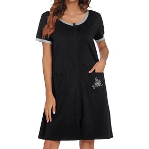 Ekouaer Women Zipper Front House Coat Short Sleeves Robe Zip Up Bathrobes Short Nightgown with Pockets S-3XL