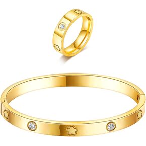 Lucky Five-Leaf Grass Bracelet Ring Set,18K Gold Plated Five Leaf Clover Zircon Ring Bracelet,Five-Leaf Clover Ring for Women Flower Link Bracelets Set,Valentines Day Jewelry Gifts for Women