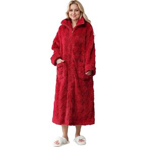 Soojun Women's Plush Collared Zipper Robes Long Zip Up Bathrobes