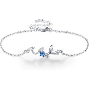 Mermaid Tai Bracelet S925 Sterling Silver Wave Mermaid Tail Bracelet Cubic Zirconia Starfish Bracelet Nautical Hawaiian Anklet Bracelet Jewelry Gifts for Women