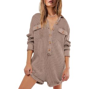 Yanekop Womens Waffle Knit Rompers Oversized Button Down Short Jumpsuit V Neck Long Sleeve Overalls with Pocket