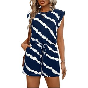 MakeMeChic Women's Striped Round Neck Tank Romper Sleeveless Drawstring Summer Jumpsuit