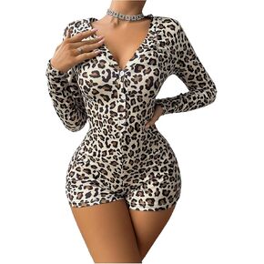 Women's One Piece Leopard Romper Button Down V Neck Long Sleeve Short Jumpsuit Shapewear Tops