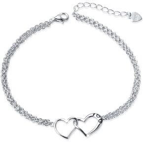 DAOCHONG S925 Sterling Silver I Love U Forever Love Heart Double Chain Bracelets,7+2 inches