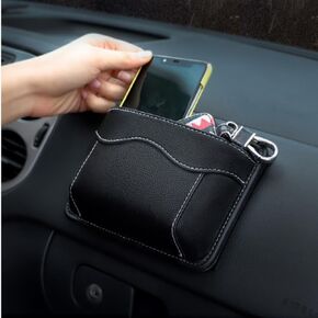 Tumecos Car Storage Bag Leather Small Debris Organizer Hanging Cell Phone Mobile Paste Type Bag for Stowing Tidy Universal Accessories（BlackA-1pcs）