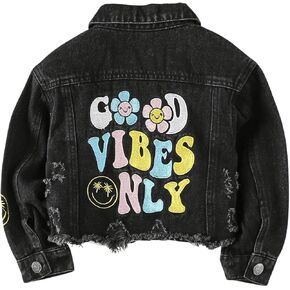 WDIRARA Girl's Letter Graphic Denim Jacket Raw Hem Long Sleeve Button Down Outerwear