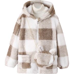 SOLY HUX Girl's Plaid Fuzzy Hoodies Jacket Zip Up Long Sleeve Coat Outerwear with Bag