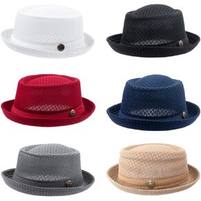 6 pcs Mesh Pork Pie Straw Hat Summer 1920S Costume Party Cap Fedora Dad Bowler Flat Top Men
